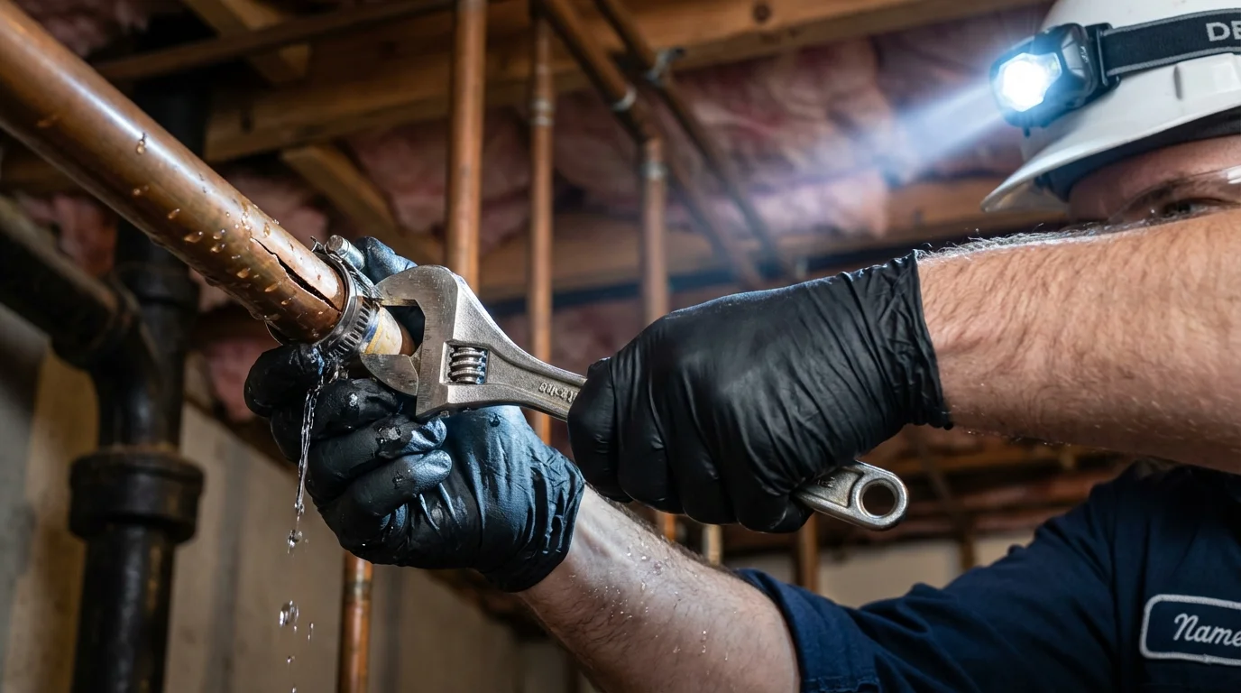 Emergency pipe clamp repair being performed by a Johns Plumbing LLC plumber in Ballston Spa