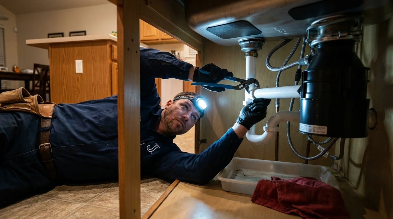 P-trap and supply line connections under a kitchen sink showing a common leak point in Ballston Spa, NY